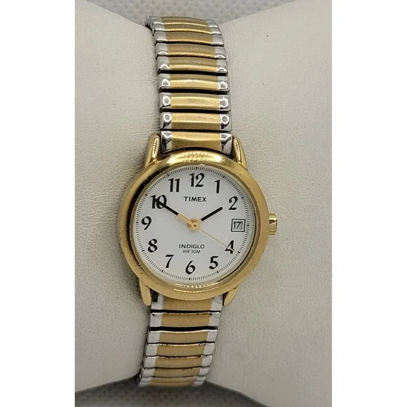 Women's Timex Indiglo White Dial Gold Tone Case Two-Tone Expansion Band Watch 01 - Picture 3 of 8